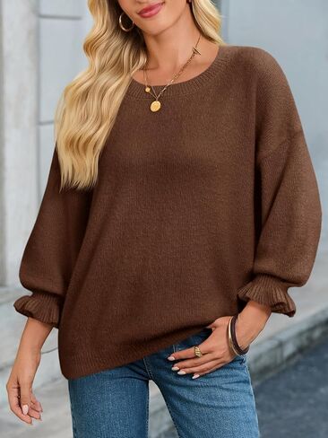 Cicy Bell Womens Oversized Sweater Tops Crewneck Ruffle Puff Sleeve Knit Fall Sweaters Loose Fit Trendy Pullover Top in Saudi Arabia