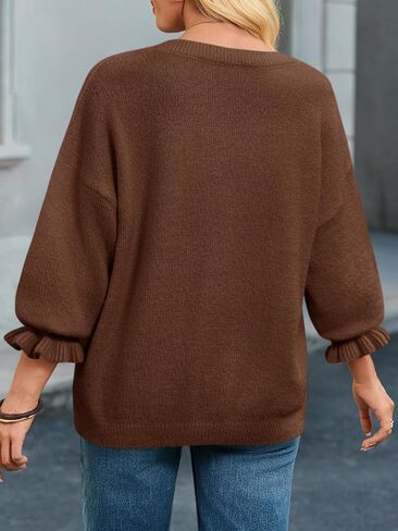 Cicy Bell Womens Oversized Sweater Tops Crewneck Ruffle Puff Sleeve Knit Fall Sweaters Loose Fit Trendy Pullover Top in Saudi Arabia