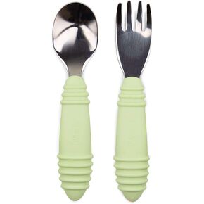 Bumkins Toddler Utensils, Kids Fork and Spoon Set, Silicone and Stainless-Steel Silverware, Angled Forks/Sporks for Self-Feeding, Childrens Training Flatware Cutlery in Kuwait