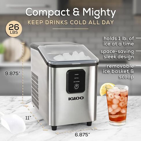 Igloo ICEB26HNSS Automatic Self-Cleaning Portable Electric Countertop Ice Maker Machine With Handle, 26 Pounds in 24 Hours, 9 Ice Cubes Ready in 7 minutes, With Ice Scoop and Basket, Stainless in Kuwait