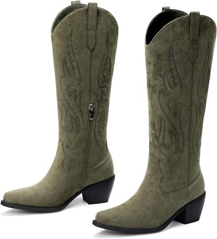 Pasuot Western Cowboy Boots for Women - Knee High Wide Calf Cowgirl Boots with Classic Embroidered, Slip On Pointed Toe Chunky Heel Fashion Retro Classic Pull On Tall Boot for Girls Ladies Fall Winter in Kuwait
