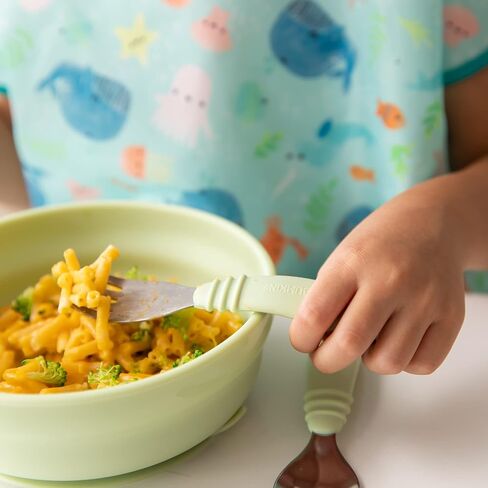 Bumkins Toddler Utensils, Kids Fork and Spoon Set, Silicone and Stainless-Steel Silverware, Angled Forks/Sporks for Self-Feeding, Childrens Training Flatware Cutlery in Kuwait