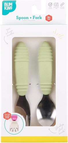 Bumkins Toddler Utensils, Kids Fork and Spoon Set, Silicone and Stainless-Steel Silverware, Angled Forks/Sporks for Self-Feeding, Childrens Training Flatware Cutlery in Kuwait