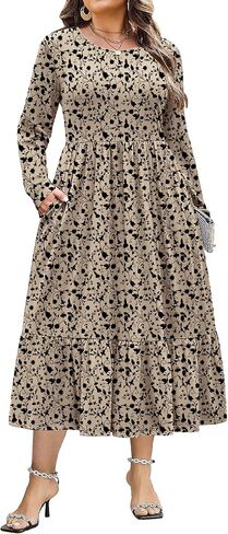 IN'VOLAND Women Plus Size Long Sleeve Dress Loose Casual Flowy Tiered Long Maxi Dresses with Pockets in Kuwait