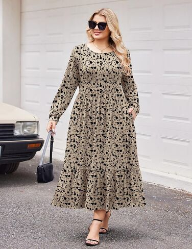 IN'VOLAND Women Plus Size Long Sleeve Dress Loose Casual Flowy Tiered Long Maxi Dresses with Pockets in Kuwait