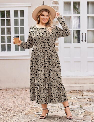 IN'VOLAND Women Plus Size Long Sleeve Dress Loose Casual Flowy Tiered Long Maxi Dresses with Pockets in Kuwait