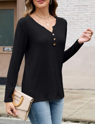 قمصان Edelqual Womens Long Sleeve Fall Henley V Decrit Derts خفيفة الوزن سترة تونك عصرية فاهشيون in Kuwait