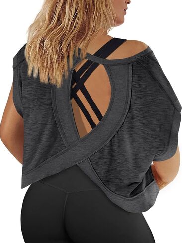 Fisoew Womens Plus Size Open Back Workout Tops Backless Short Sleeve Athletic Shirt Running Crop Top Gym Yoga T-Shirt in Saudi Arabia