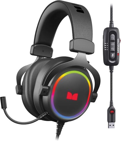 Monster Alpha 7.1 RGB Illuminated Gaming Headset with 7.1 Surround Sound, Noise-Cancelling Detachable Mic, Cushioned Earcups – for PC Gaming, Black in Saudi Arabia