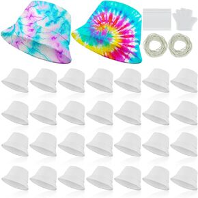 Silkfly 20 Pcs Cotton White Bucket Hat for Tie Dying Tie Dye Kit Items Things to Tie Dye Blank Cotton Packable Sun Hat with Accessories for Large Groups Party Tie Dye DIY Project in Kuwait