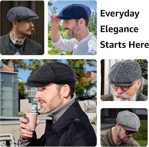 Mens Newsboy Cap High Woolen Tweed Gatsby Hat Ivy Cabbie Flat Golf Cap for Fathers Women Unisex in Kuwait