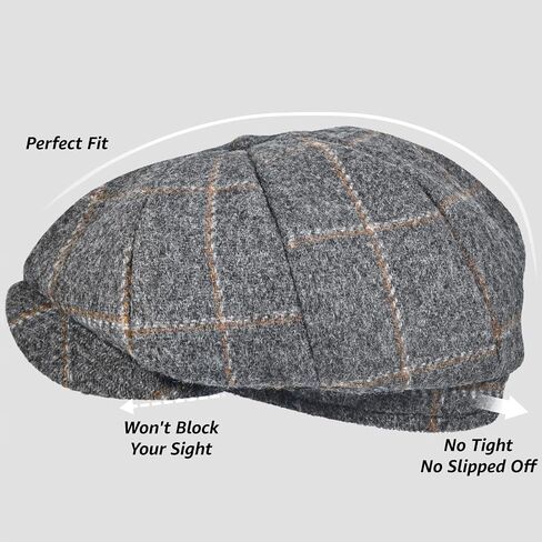 Mens Newsboy Cap High Woolen Tweed Gatsby Hat Ivy Cabbie Flat Golf Cap for Fathers Women Unisex in Kuwait