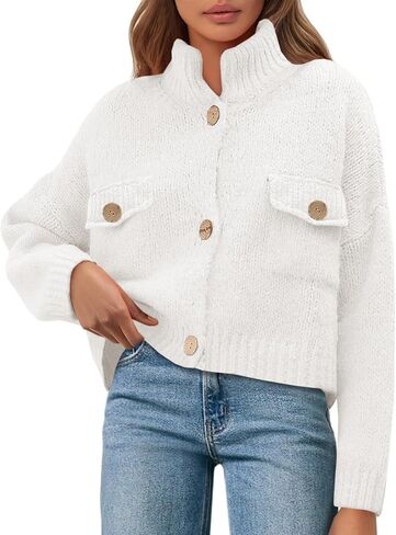 Saodimallsu Womens Cropped Cardigan Sweaters Button Up Chunky Knit Long Sleeve Collared Open Front Loose Jackets in Saudi Arabia