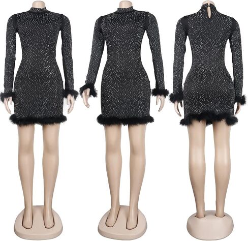 PORRCEY Women's Sexy Elegant Rhinestone Long Sleeve Night Club Dress Party Clubwear Sparkly Evening Dress in Kuwait