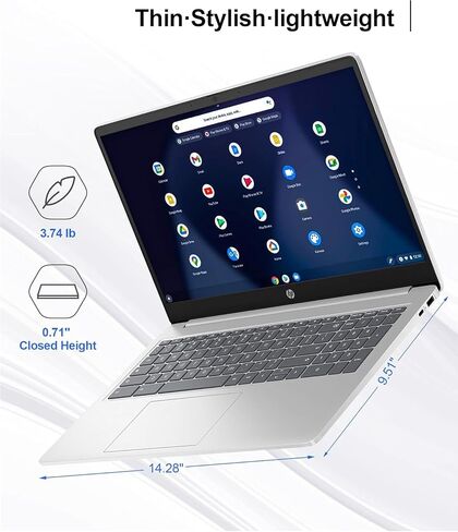 كمبيوتر محمول HP Chromebook 14a-na1043cl شاشة قطرية FHD IPS مقاس 14 بوصة 1920 × 1080 Intel Celeron N4500 ذاكرة 4 جيجابايت 64 جيجابايت تخزين eMMC نظام تشغيل كروم فضي معدني (متجدد) in Kuwait