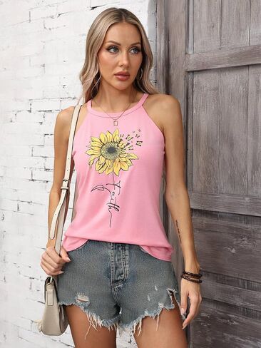 IRISGOD Womens High Neck Tank Tops Summer Graphic Halter Sleeveless Rocker Tee Shirts in Kuwait
