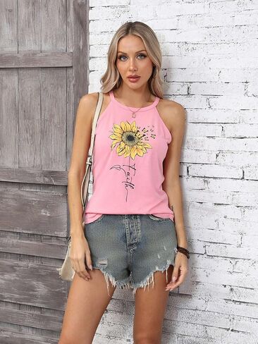 IRISGOD Womens High Neck Tank Tops Summer Graphic Halter Sleeveless Rocker Tee Shirts in Kuwait
