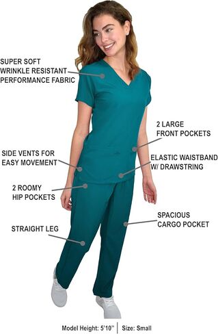 Green Town Scrubs for Women Scrub Set - V-Neck Top and Straight Leg Pant, 5 Pockets, Easy Care, Solids and Prints Uniforms -Teal-XX-Large Petite in Saudi Arabia