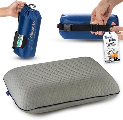 alkamto Travel & Camping Comfortable Memory Foam Pillow with Extra Cotton Cover – Easy to Carry Portable Bag – Temperature Regulating Pillow Case - Perfect for Travelling/Fishing/Backpacking/Hiking in Saudi Arabia