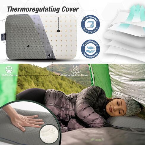 alkamto Travel & Camping Comfortable Memory Foam Pillow with Extra Cotton Cover – Easy to Carry Portable Bag – Temperature Regulating Pillow Case - Perfect for Travelling/Fishing/Backpacking/Hiking in Saudi Arabia