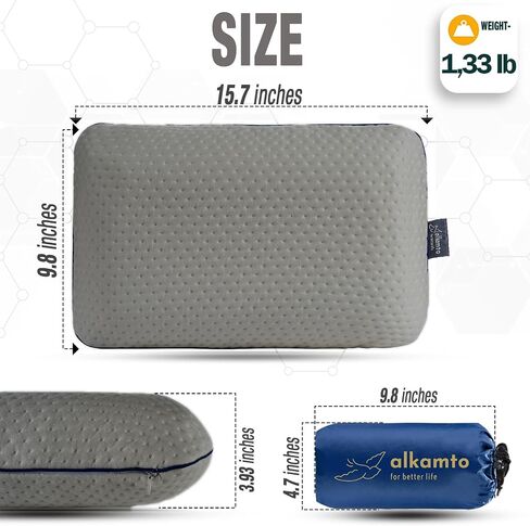 alkamto Travel & Camping Comfortable Memory Foam Pillow with Extra Cotton Cover – Easy to Carry Portable Bag – Temperature Regulating Pillow Case - Perfect for Travelling/Fishing/Backpacking/Hiking in Saudi Arabia