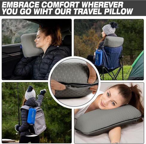 alkamto Travel & Camping Comfortable Memory Foam Pillow with Extra Cotton Cover – Easy to Carry Portable Bag – Temperature Regulating Pillow Case - Perfect for Travelling/Fishing/Backpacking/Hiking in Saudi Arabia