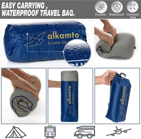 alkamto Travel & Camping Comfortable Memory Foam Pillow with Extra Cotton Cover – Easy to Carry Portable Bag – Temperature Regulating Pillow Case - Perfect for Travelling/Fishing/Backpacking/Hiking in Saudi Arabia