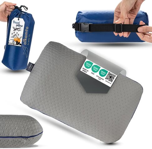 alkamto Travel & Camping Comfortable Memory Foam Pillow with Extra Cotton Cover – Easy to Carry Portable Bag – Temperature Regulating Pillow Case - Perfect for Travelling/Fishing/Backpacking/Hiking in Saudi Arabia