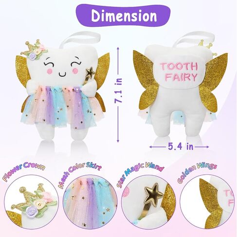 Tooth Fairy Pillow with Shiny Wings Embroidered Tooth Fairy Doll with Pocket Crystal Velvet Tooth Fairy Souvenir Boy Girl Gift (White) (Second Edition) in Saudi Arabia