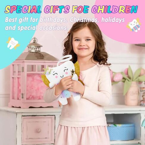 Tooth Fairy Pillow with Shiny Wings Embroidered Tooth Fairy Doll with Pocket Crystal Velvet Tooth Fairy Souvenir Boy Girl Gift (White) (Second Edition) in Saudi Arabia