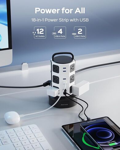 حامي برج قطاع الطاقة، JACKYLED 1625W 13A برج كهربائي عرام، 12 منفذ 6 منافذ USB محطة شحن سلك قابل للسحب مع سلك تمديد شديد التحمل 16AWG 6.5 قدم للمكتب المنزلي in Kuwait