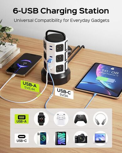 حامي برج قطاع الطاقة، JACKYLED 1625W 13A برج كهربائي عرام، 12 منفذ 6 منافذ USB محطة شحن سلك قابل للسحب مع سلك تمديد شديد التحمل 16AWG 6.5 قدم للمكتب المنزلي in Kuwait