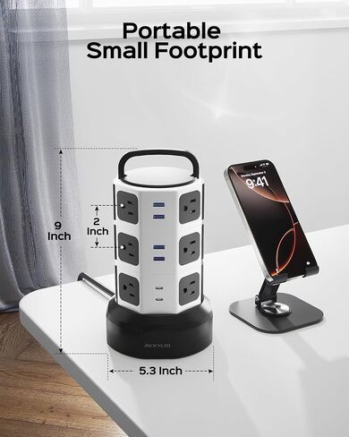 حامي برج قطاع الطاقة، JACKYLED 1625W 13A برج كهربائي عرام، 12 منفذ 6 منافذ USB محطة شحن سلك قابل للسحب مع سلك تمديد شديد التحمل 16AWG 6.5 قدم للمكتب المنزلي in Kuwait