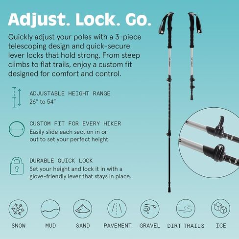 عصا التزلج Retro spec Solstice Trekking and Ski poles للرجال والنساء - من الألومنيوم مع مقبض فلين - قابلة للتعديل وقابلة للطي خفيفة الوزن، عصا المشي والتزلج والمشي in Kuwait