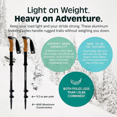عصا التزلج Retro spec Solstice Trekking and Ski poles للرجال والنساء - من الألومنيوم مع مقبض فلين - قابلة للتعديل وقابلة للطي خفيفة الوزن، عصا المشي والتزلج والمشي in Kuwait