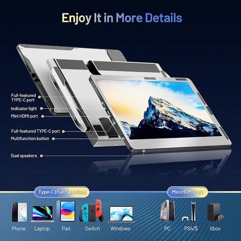 Teamgee Portable Monitor for Laptop, 12" Full HD IPS Display, Dual Triple Monitor Screen Extender, HDMI/USB-A/Type-C Plug and Play for Windows, Chrome & Mac, Work with 13"-16" Laptops in Saudi Arabia