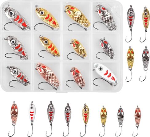 Trout Spoons Fishing Spoons Lures Kit,12pcs Trout Lures Single Hook Hard Metal Baits Mini Fishing Jigs Casting Trolling Spoon Lure for Crappie Char Perch Sunfish Trout in Kuwait