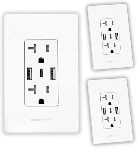 BASEPORT Premium Wall Outlet with USB Ports - 125V 20 Amp Outlet, 5V/6A USB Outlets Receptacles, Dual USB-A, 1 USB-C, Single Gang White Faceplate in Saudi Arabia