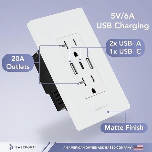 BASEPORT Premium Wall Outlet with USB Ports - 125V 20 Amp Outlet, 5V/6A USB Outlets Receptacles, Dual USB-A, 1 USB-C, Single Gang White Faceplate in Saudi Arabia