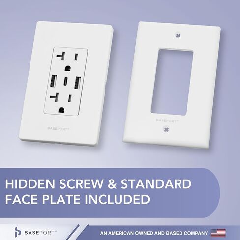 BASEPORT Premium Wall Outlet with USB Ports - 125V 20 Amp Outlet, 5V/6A USB Outlets Receptacles, Dual USB-A, 1 USB-C, Single Gang White Faceplate in Saudi Arabia