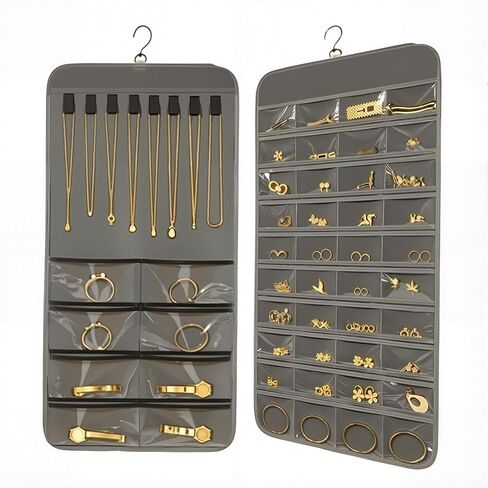 Stylish Hanging Jewelry Organizer: Dual Zip Pockets, Double-Sided Hanger, Necklace & Earring Holder, Dustproof Wall-Mounted Bag - jewelry storage bags in Saudi Arabia