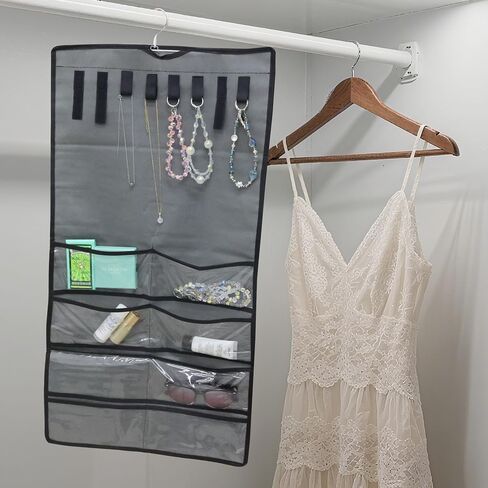 Stylish Hanging Jewelry Organizer: Dual Zip Pockets, Double-Sided Hanger, Necklace & Earring Holder, Dustproof Wall-Mounted Bag - jewelry storage bags in Saudi Arabia