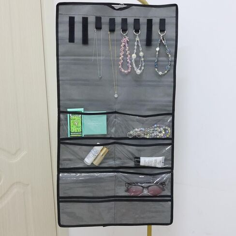 Stylish Hanging Jewelry Organizer: Dual Zip Pockets, Double-Sided Hanger, Necklace & Earring Holder, Dustproof Wall-Mounted Bag - jewelry storage bags in Saudi Arabia