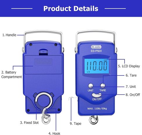 Fish Scale: Dr.meter PS01 110lb/50kg Backlit LCD Display Fishing Scale with Built-in Measuring Tape - Electronic Balance Digital Fishing Postal Hanging Hook Scale with 2 AAA Batteries in Saudi Arabia