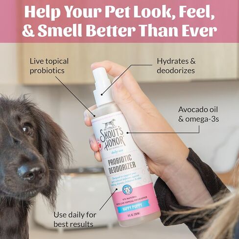 SKOUT'S HONOR: Probiotic Deodorizer 8 fl. oz. - Hydrates and Deodorizes Fur, Supports Pet’s Natural Defenses, PH-Balanced and Sulfate Free - Avocado Oil (Happy Puppy) in Saudi Arabia