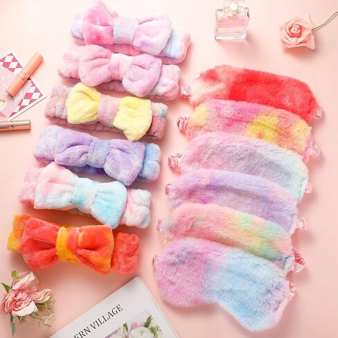 Kajaia 12 Pcs Sleepover Party Favors for Teenager Girl, Spa Headband for Washing Face Bow Makeup Headbands, Plush Sleep Eye Mask for Single Women Spa Pajama Party (Tie Dye) in Kuwait