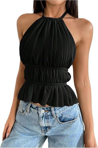 Milumia Women's Sexy Pleated Ruffle Hem Halter Top Backless Sleeveless Party Club Tops in Saudi Arabia