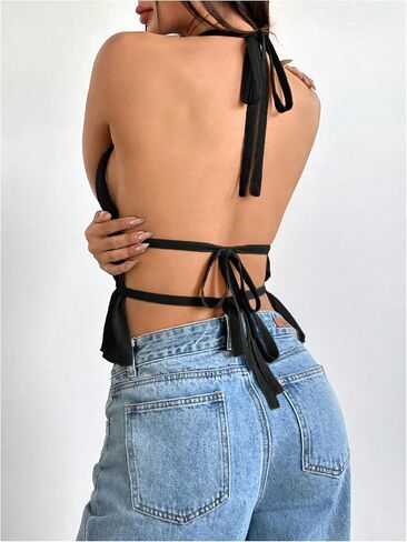 Milumia Women's Sexy Pleated Ruffle Hem Halter Top Backless Sleeveless Party Club Tops in Saudi Arabia