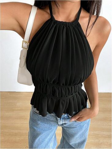 Milumia Women's Sexy Pleated Ruffle Hem Halter Top Backless Sleeveless Party Club Tops in Saudi Arabia
