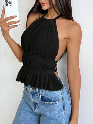 Milumia Women's Sexy Pleated Ruffle Hem Halter Top Backless Sleeveless Party Club Tops in Saudi Arabia